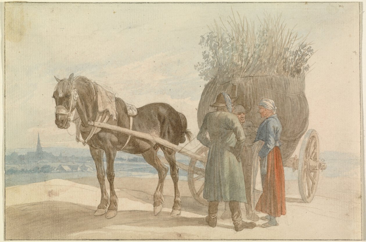 Paysans autrichiens avec un cheval et une charrette, avec une vue de Vienne au loin - Johann Adam Klein