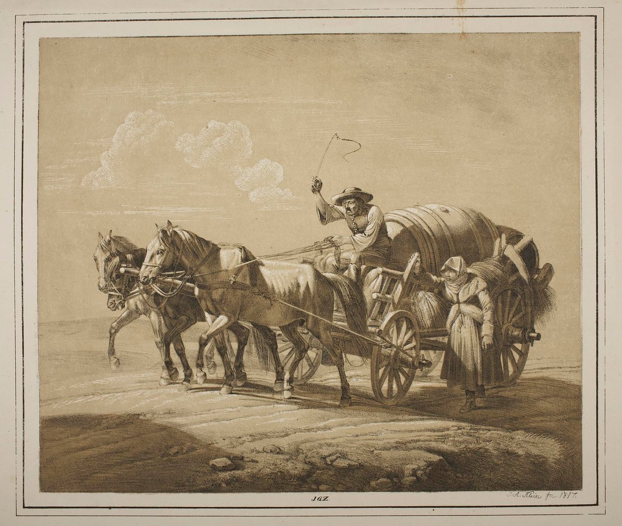 Un paysan hongrois conduit une charrette chargée de tonneaux - Johann Adam Klein