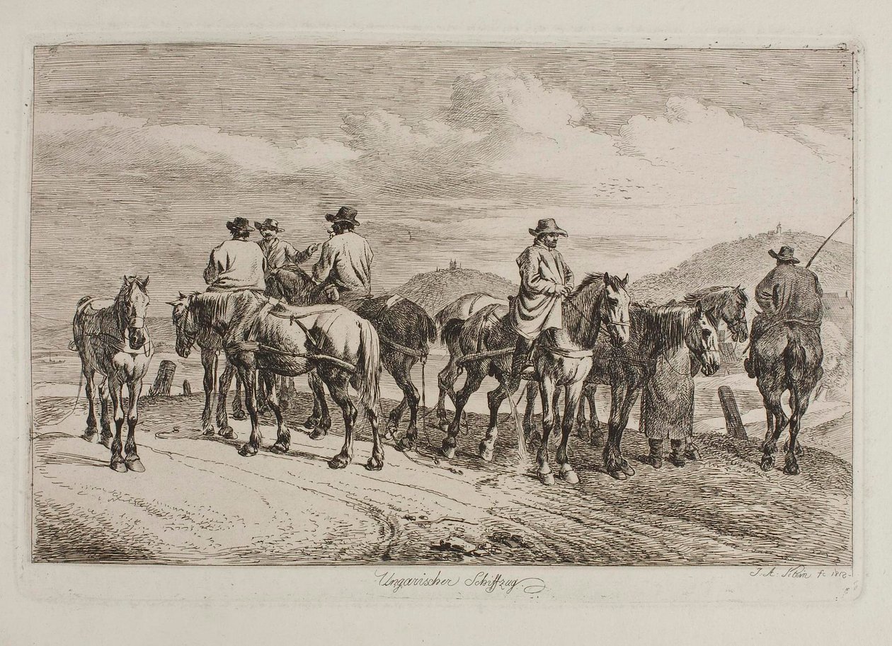 Des chevaux et des cavaliers hongrois prêts à tirer un bateau à contre-courant - Johann Adam Klein