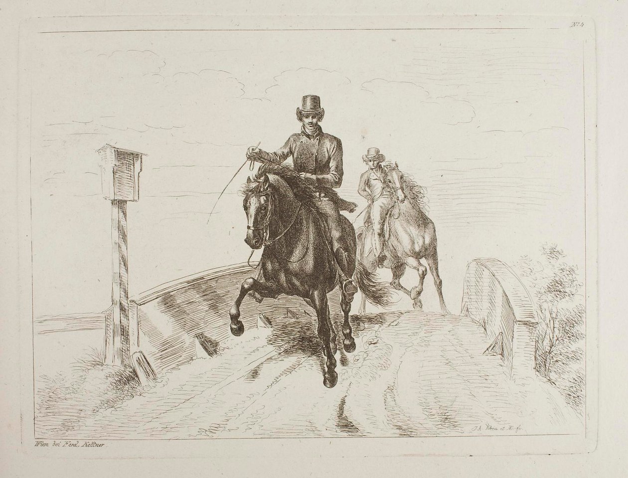 Deux cavaliers au galop sur un pont - Johann Adam Klein