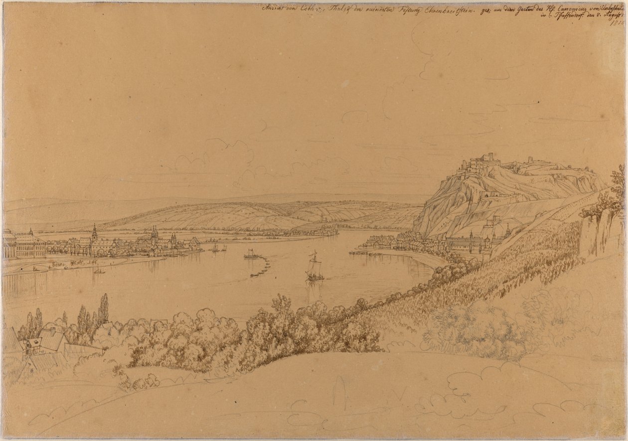 Vue de Coblence avec le Rhin et la forteresse Ehrenbreitstein (recto) ; Vue du château de Heidelberg (verso) - Johann Adam Klein