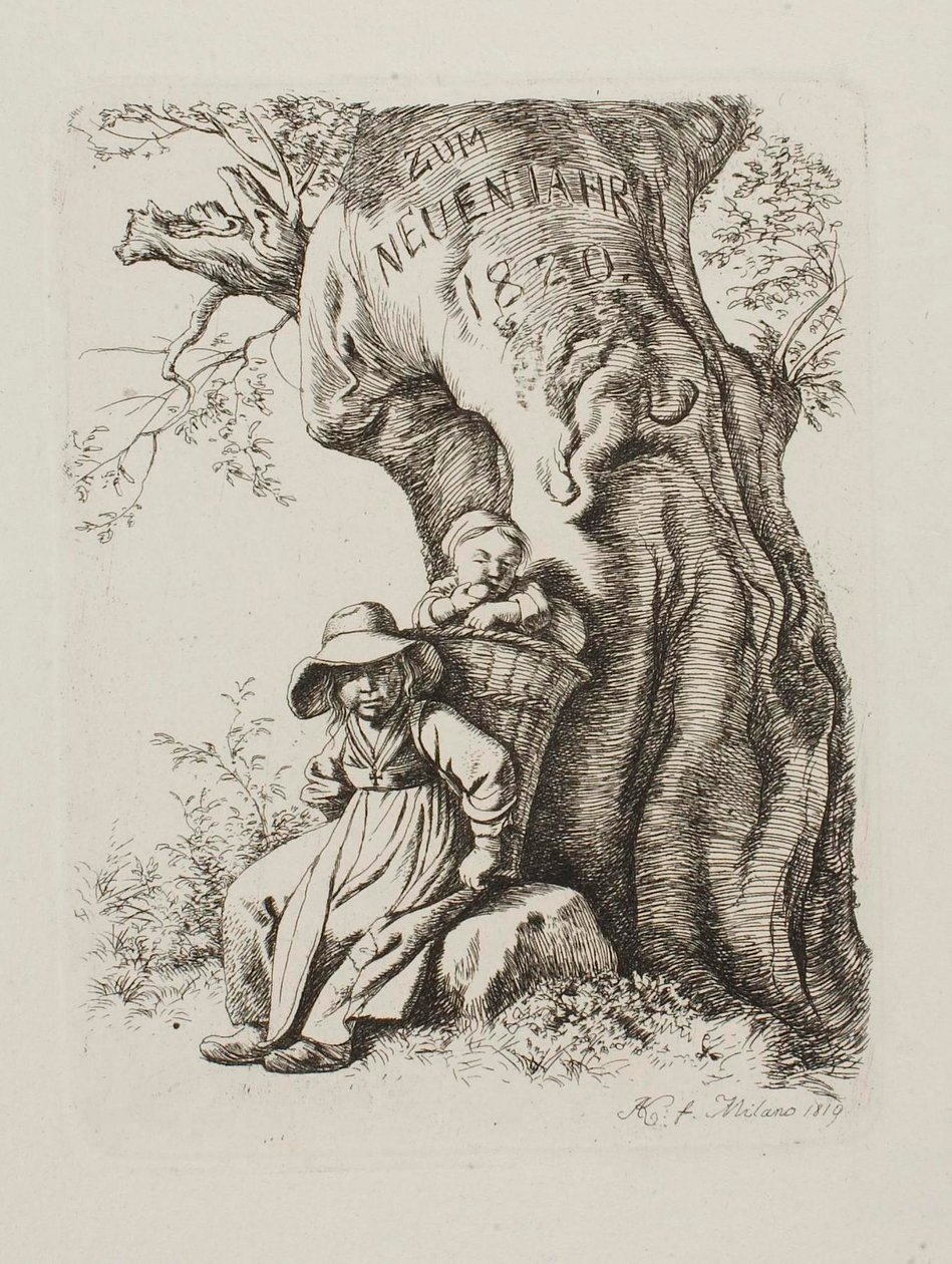 Pour le Nouvel An 1820. Femme de fermier avec un enfant - Johann Adam Klein