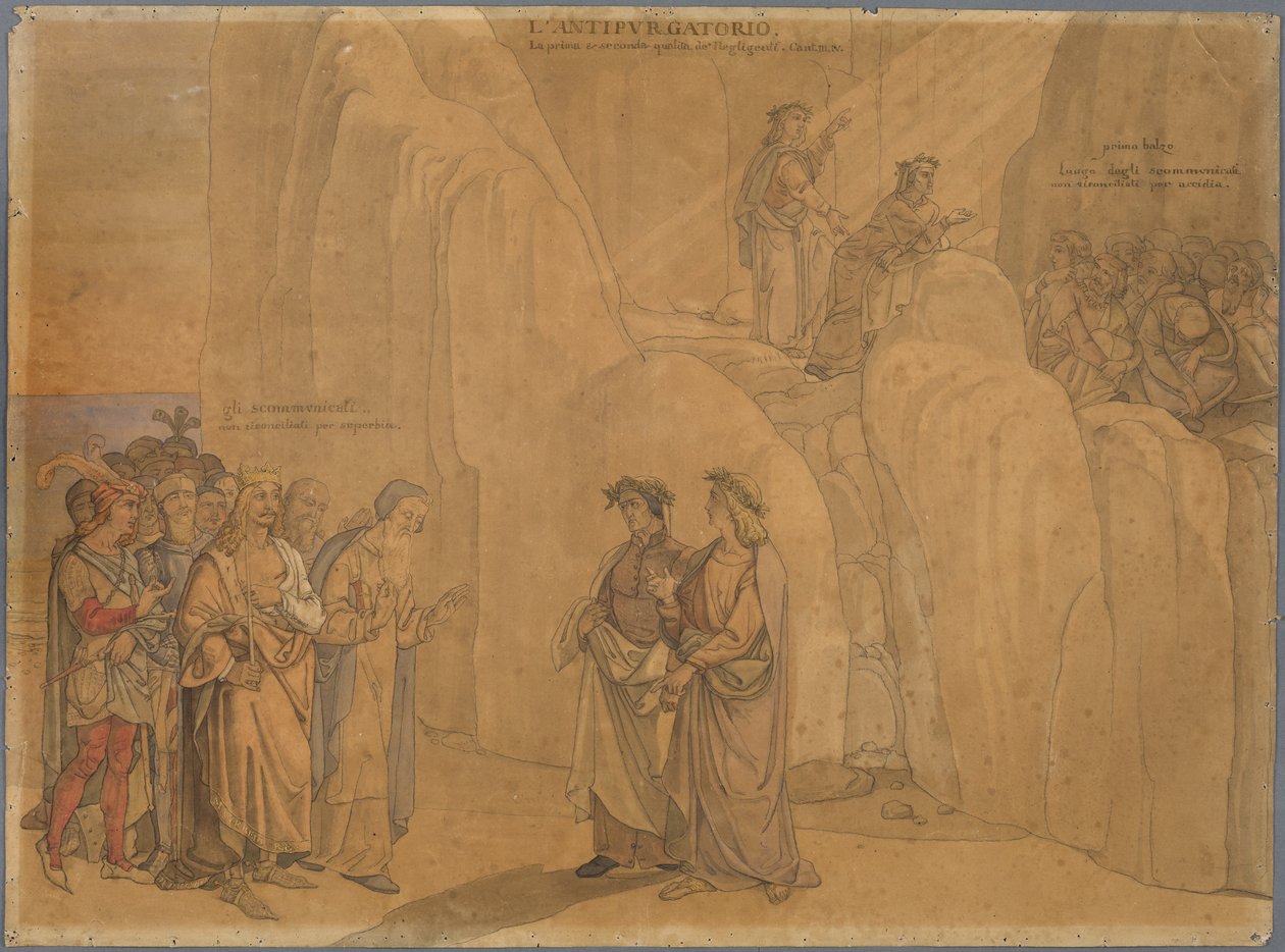 Dante trifft Manfred, den ehemaligen König von Apulien und Sizilien, an einer Felswand, der sich ihm zu erkennen gibt und Verschiedenes mitteilt; oben auf dem Felsen sehen sie die kirchlich Verbannten Buße tun - Johann Anton Ramboux