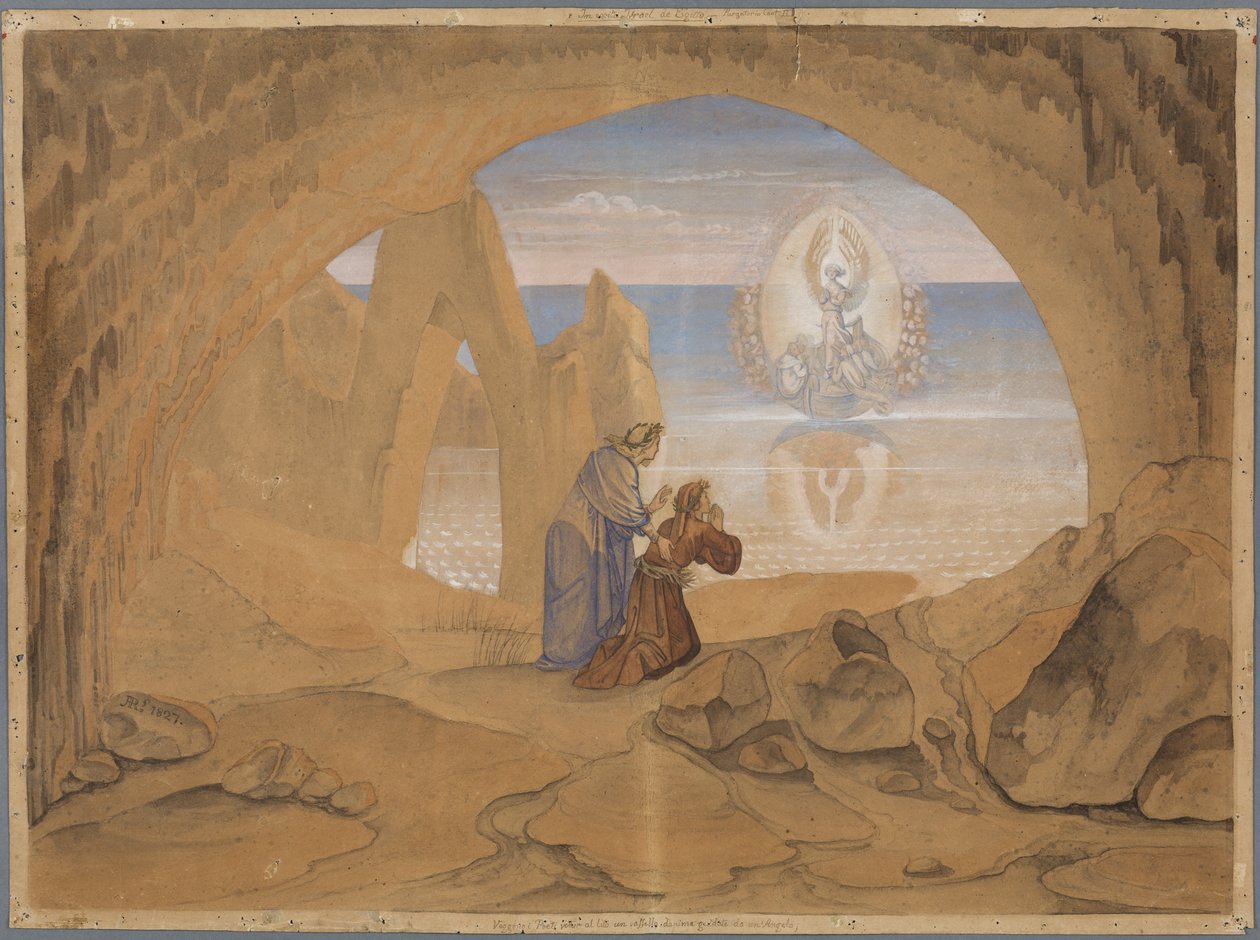 Dante aperçoit une petite embarcation guidée par un ange, dans laquelle des âmes sont conduites au Purgatoire - Johann Anton Ramboux