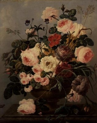 Roses, œillets, convolvulus et autres fleurs dans un vase sur un rebord - Johann Baptist Drechsler