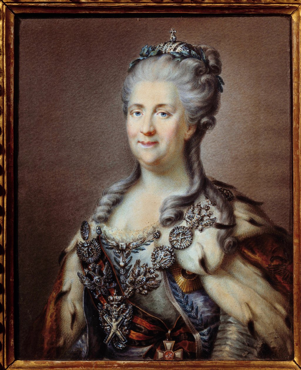 Portrait de Catherine II (1729-1796) impératrice de Russie avec le collier de Saint André et le cordon de la croix de Saint Georges. Aquarelle anonyme du XVIIIe siècle, d