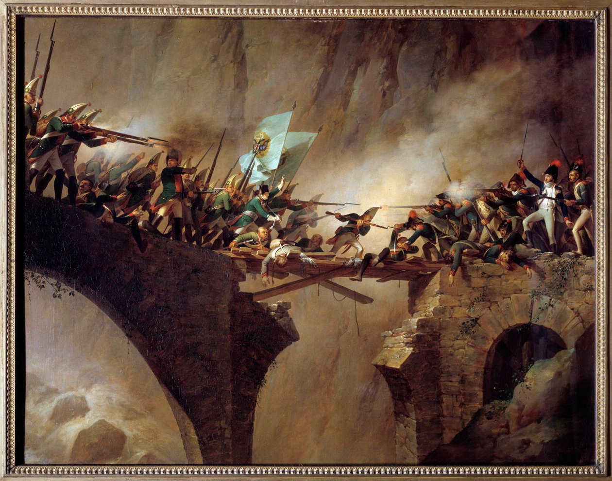 Batailles de la Deuxième Coalition : Le passage du Pont du Diable au col du Gothard en Suisse par le maréchal russe Alexandre Souvorov (1729-1800) 26/09/1799 pour repousser les armes de la Révolution française - Johann Baptist Seele