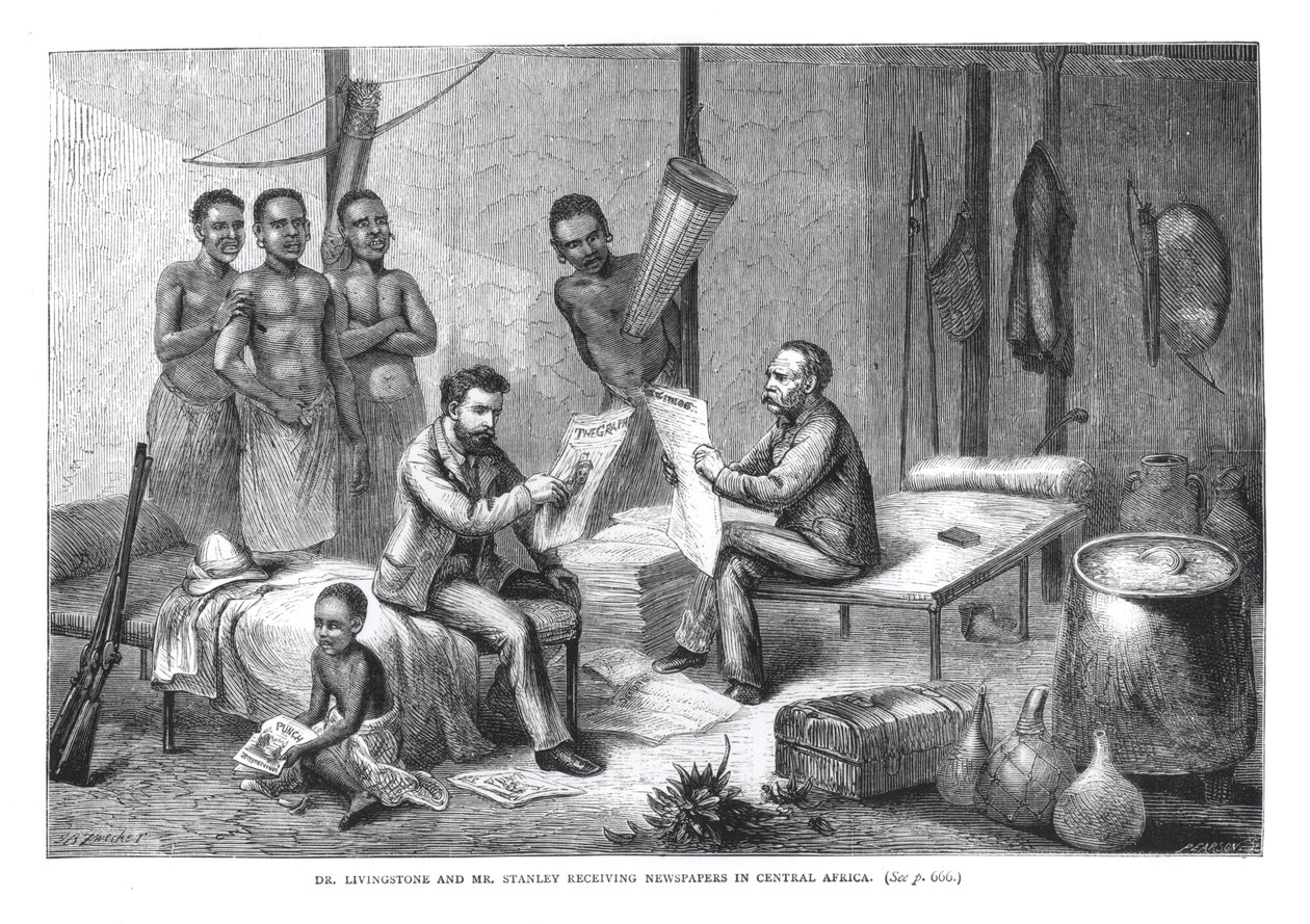 Dr. David Livingstone (1813-73) et M. Henry Morton Stanley (1841-1904) recevant des journaux en Afrique centrale, gravé par Pearson - Johann Baptist Zweecker