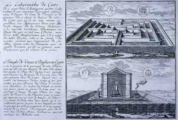 Le Labyrinthe en Crète et le Temple de Vénus, Paphos, Chypre, tous deux tirés de dessins trouvés sur des monnaies romaines anciennes de 