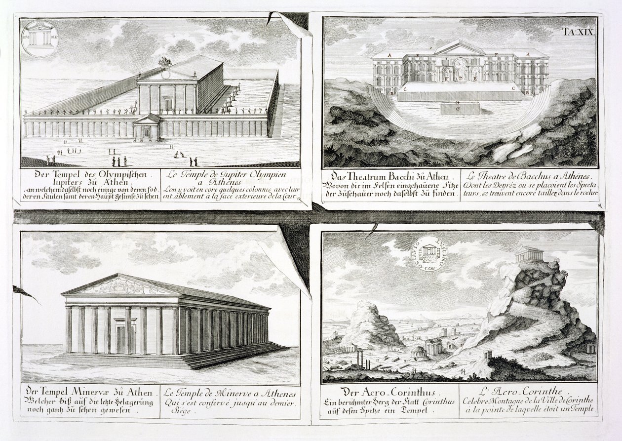 Vues de quatre bâtiments classiques : Le Temple de Zeus Olympien, le Théâtre de Dionysos à Athènes, le Temple d