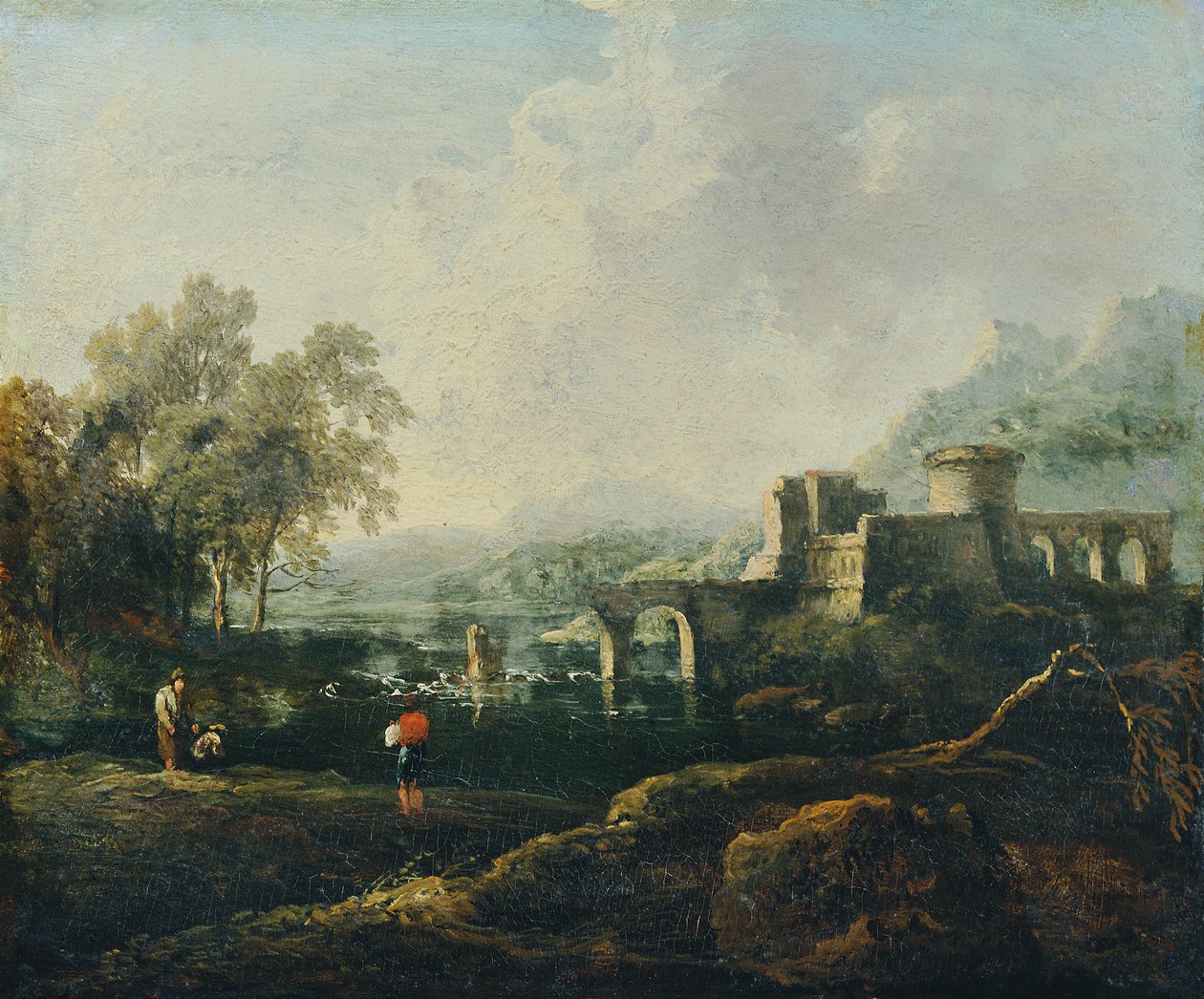 Paysage idéal avec rivière et ruine de pont (Le Matin) - Johann Christian Brand