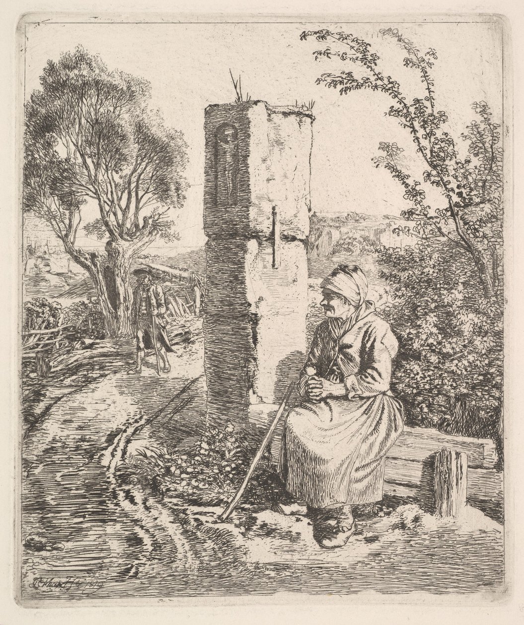 Une vieille dame assise près d