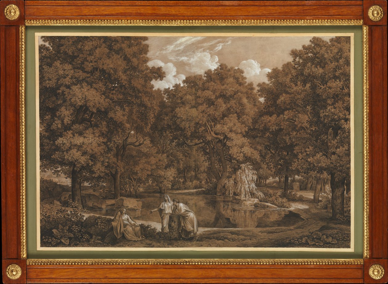 Paysage arcadien avec trois personnages au bord d