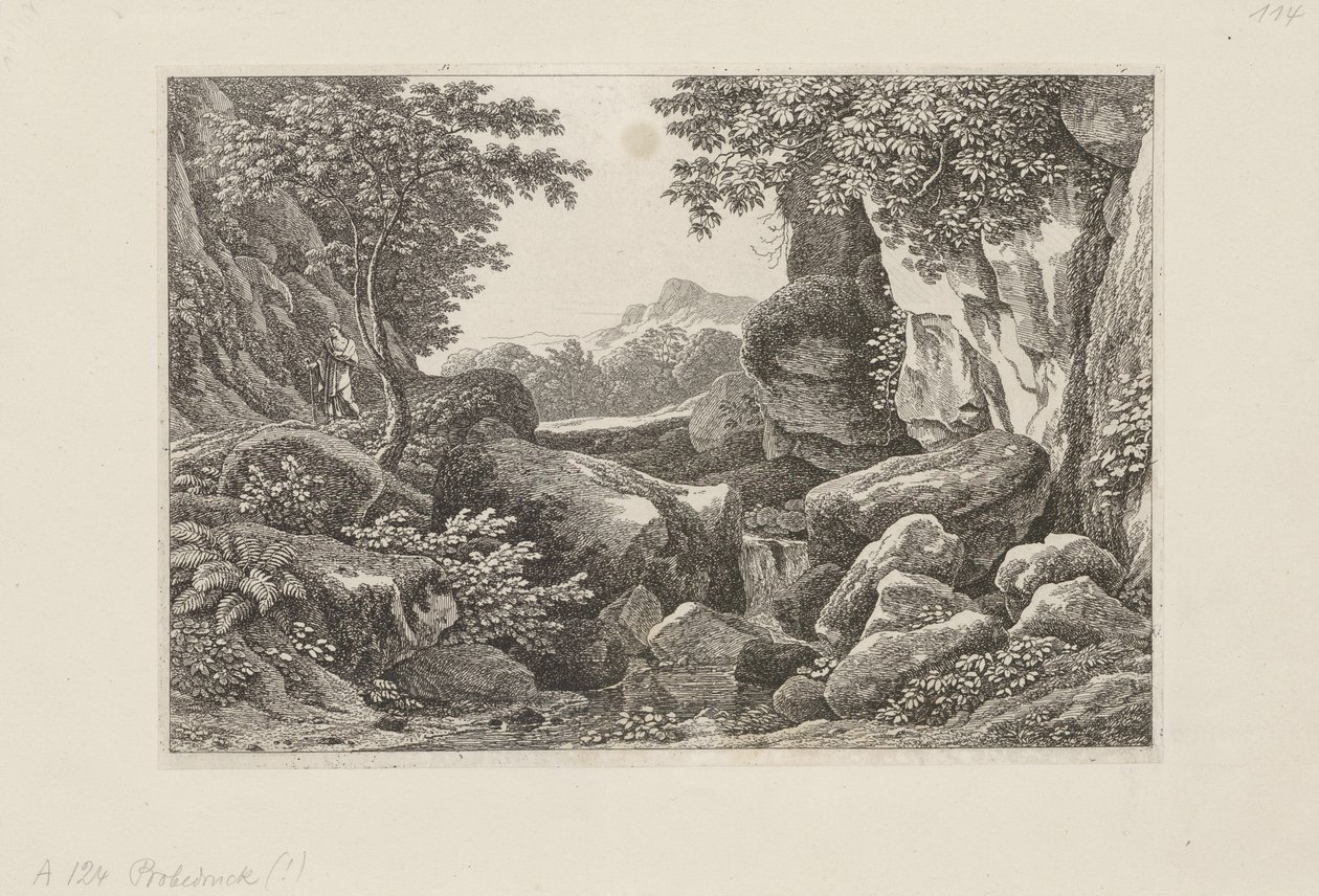 Paysage rocheux avec un berger marchant à gauche - Johann Christian Reinhart