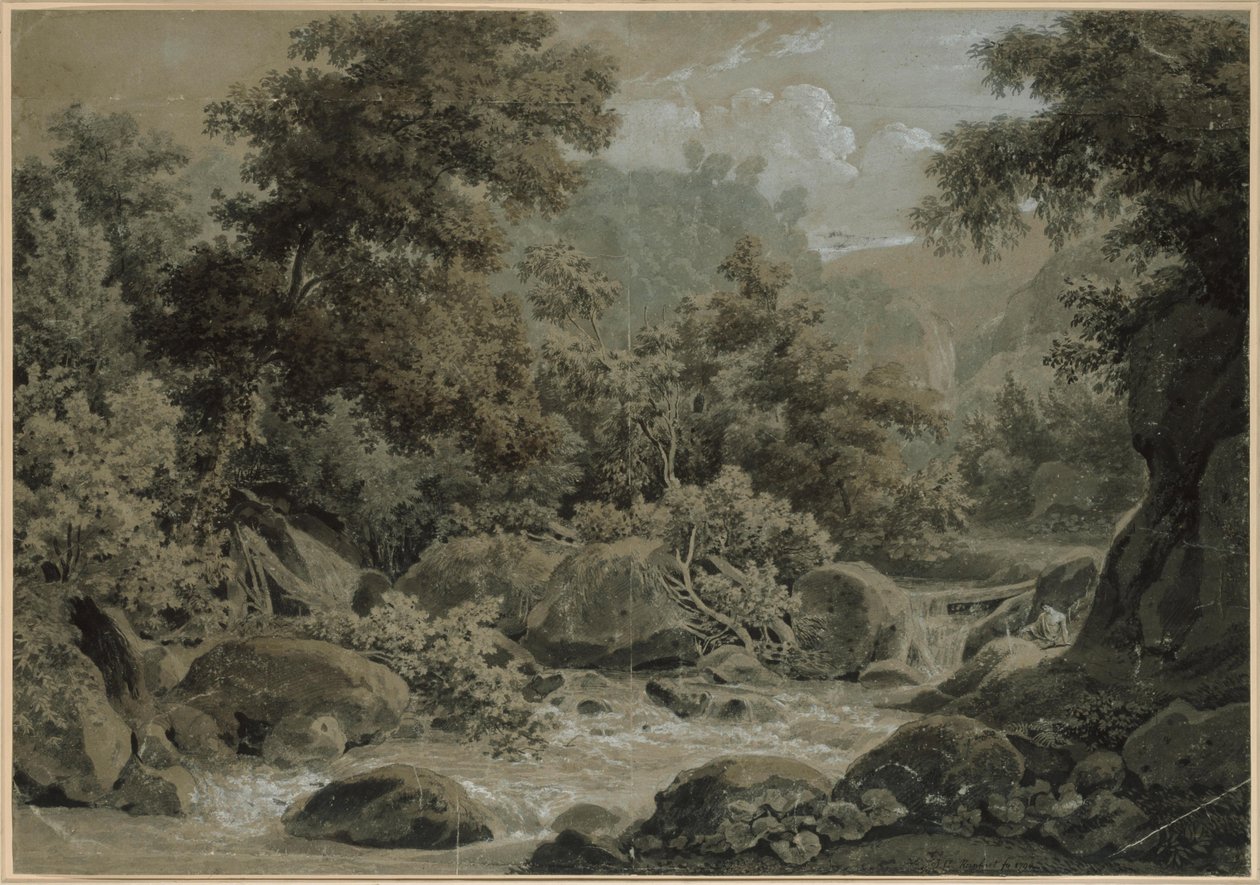 Paysage montagneux et boisé, avec un ruisseau au premier plan - Johann Christian Reinhart