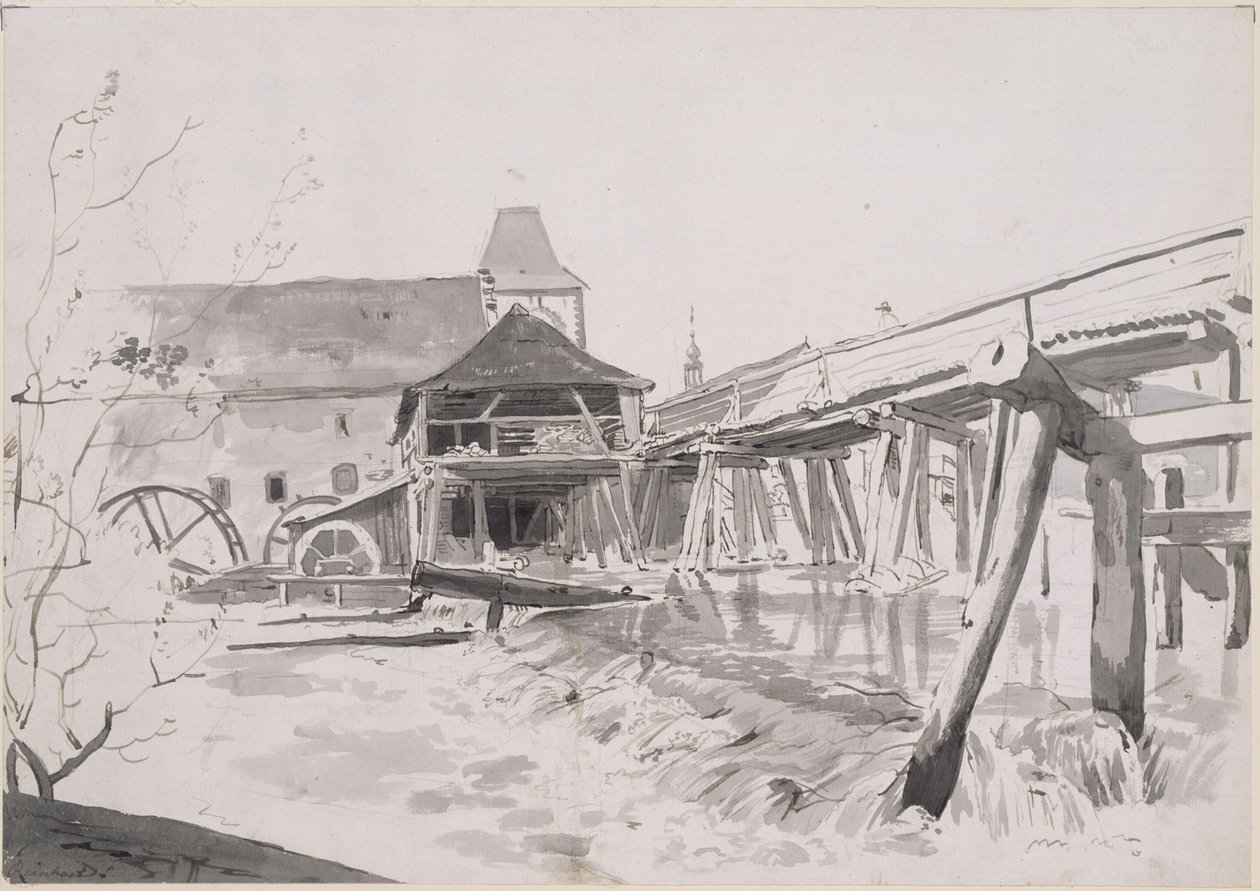 Pont en bois avec barrage et moulin à eau - Johann Christian Reinhart