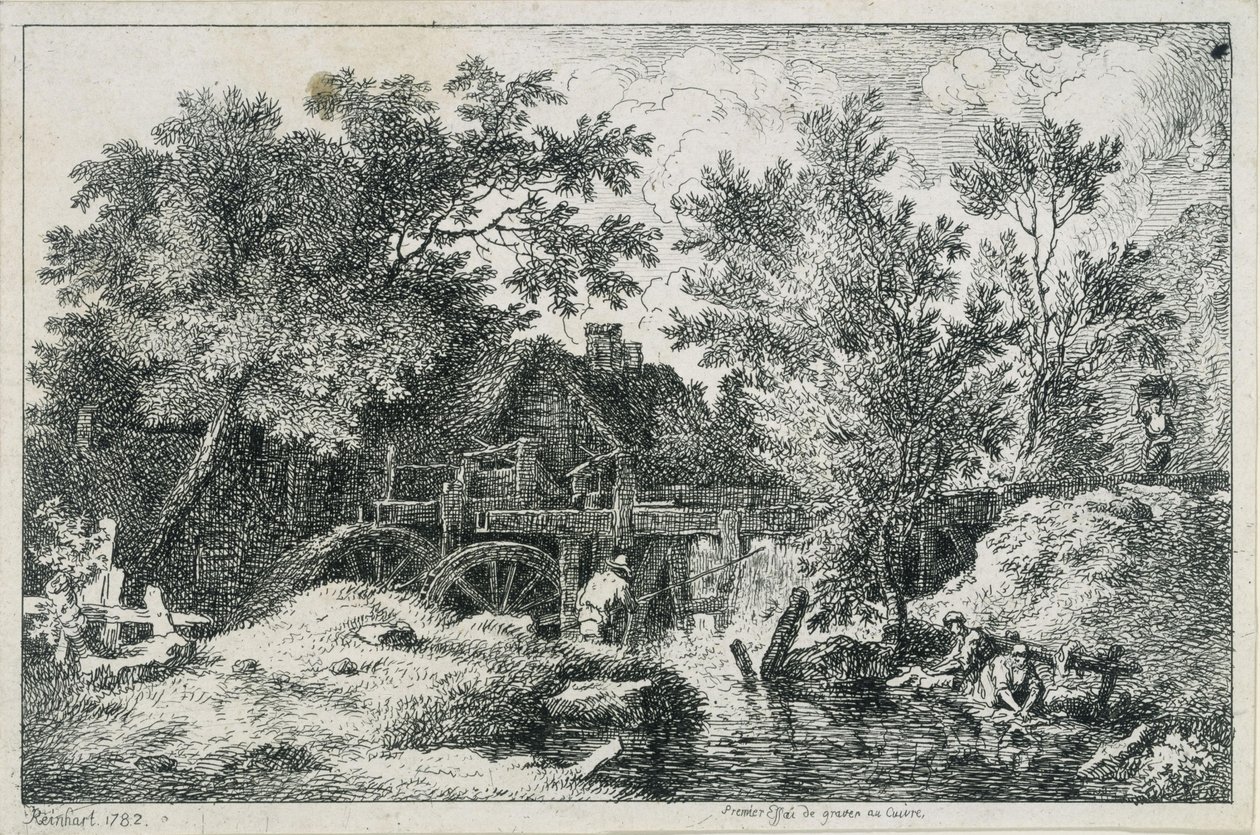Paysage avec moulin à eau (premier essai de gravure sur cuivre) - Johann Christian Reinhart