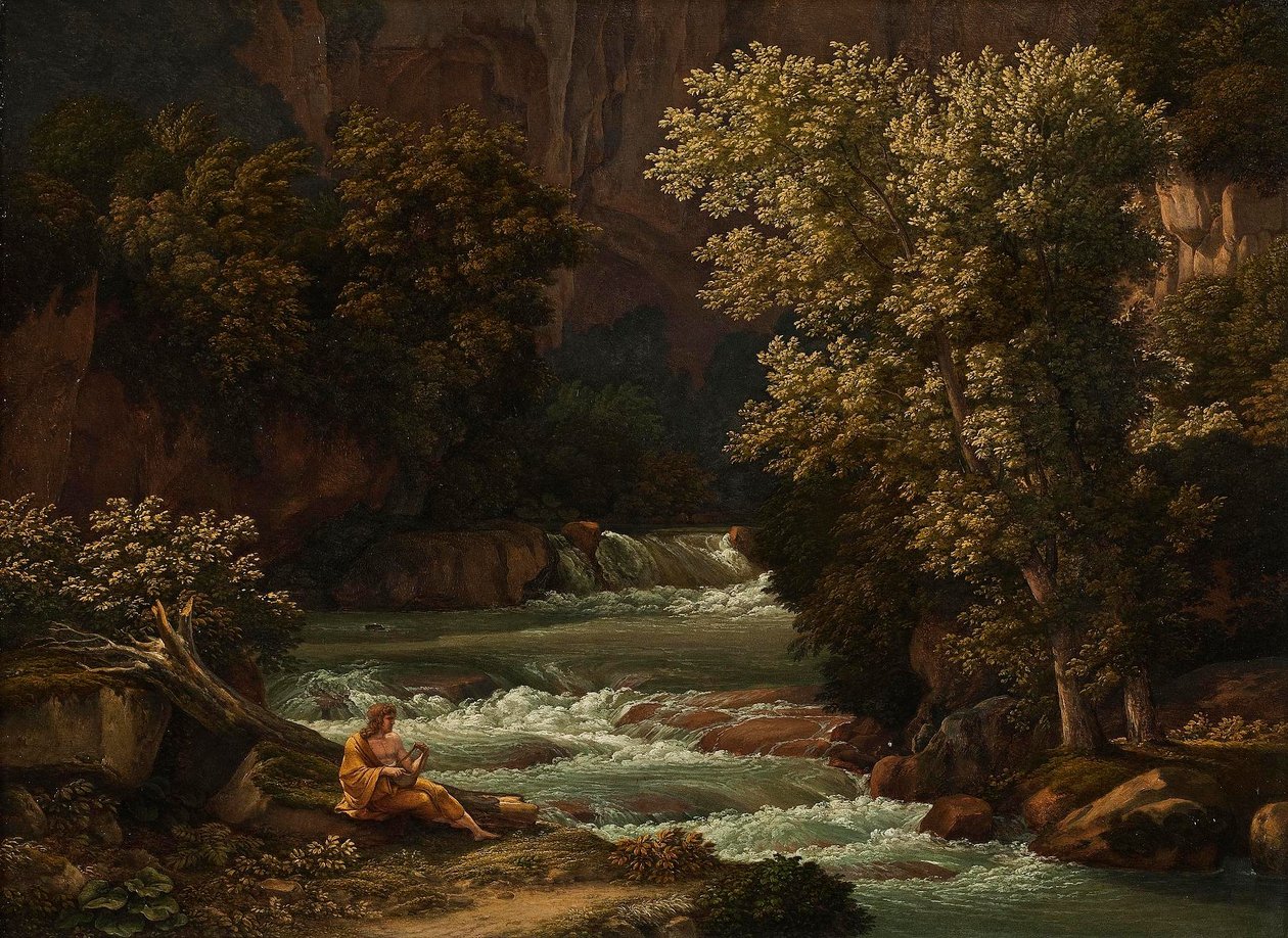 Vue du Ponte Lupo près de Tivoli, avec une personne jouant de la lyre au premier plan - Johann Christian Reinhart