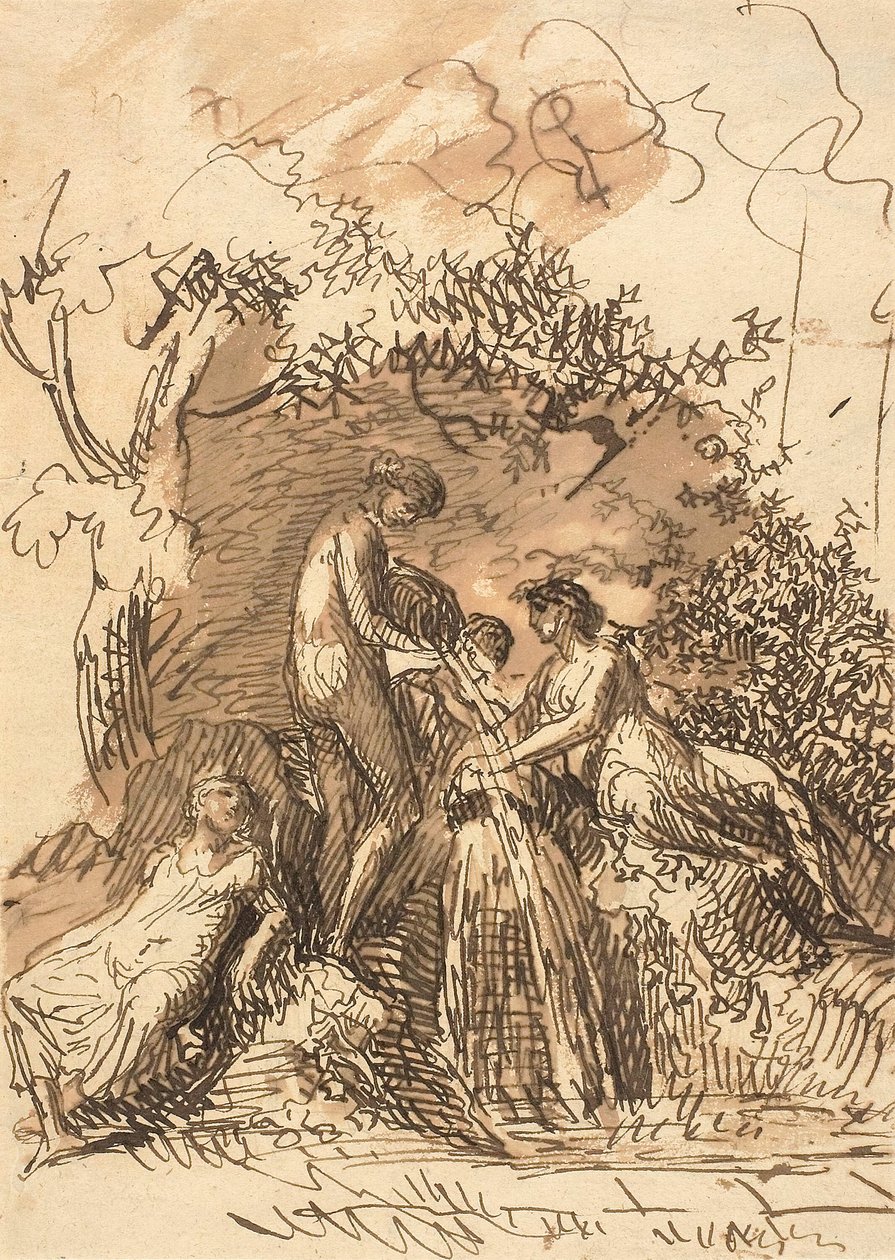 Jeunes filles à une fontaine (recto); Fragment de croquis de jambes (verso) - Johann Christian Reinhart