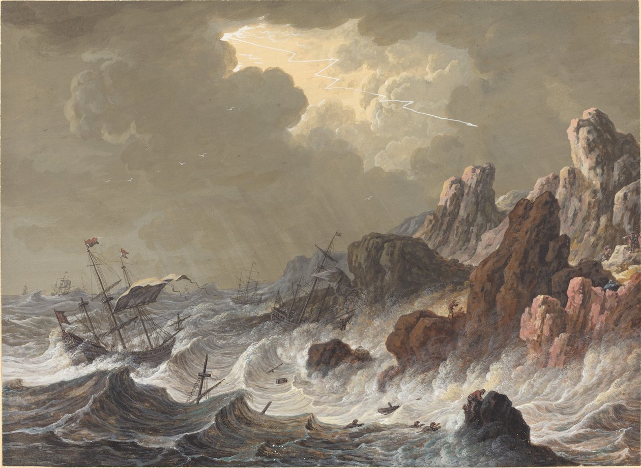 Navires Ballottés par la Tempête Échoués sur une Côte Rocheuse - Johann Christoph Dietzsch