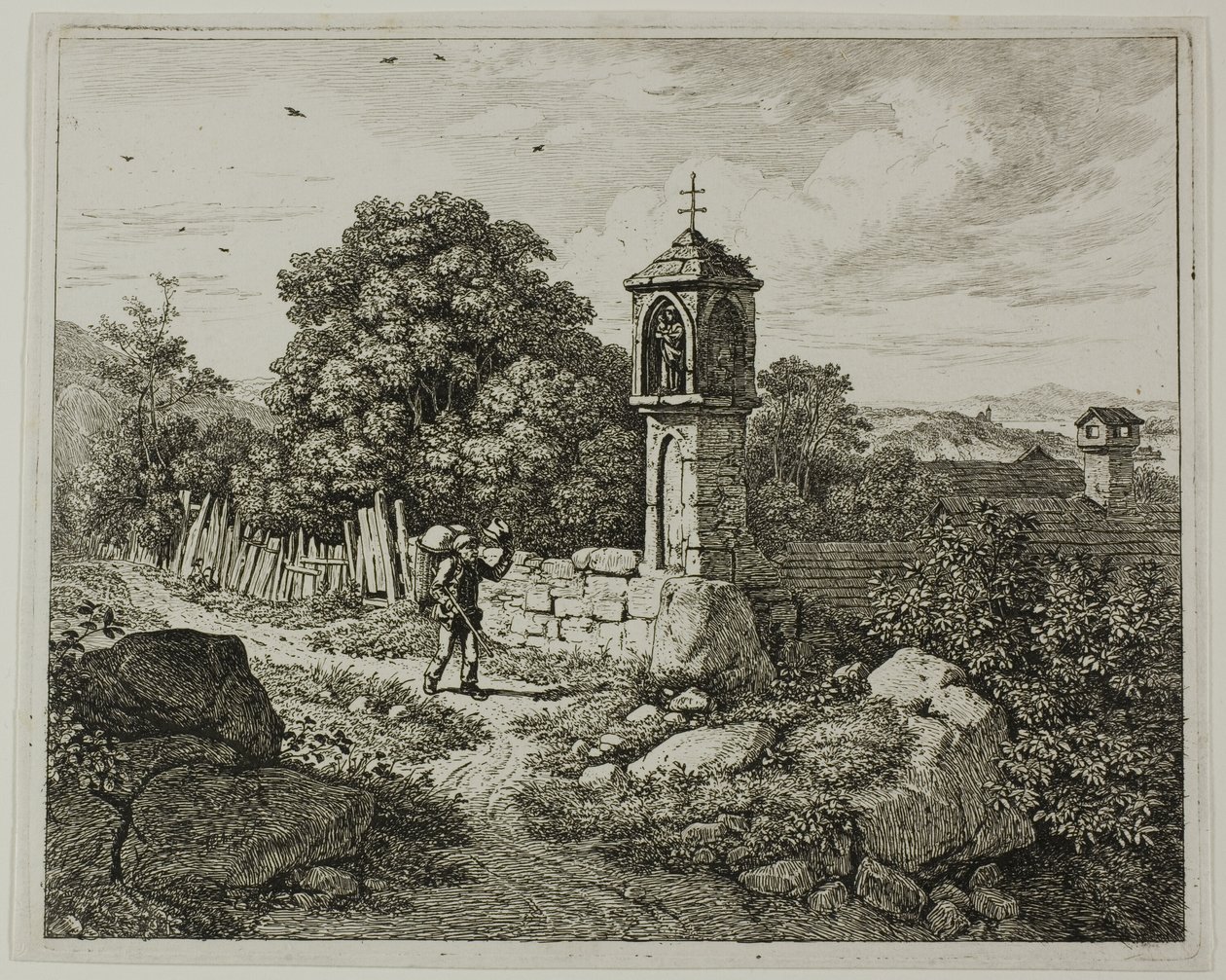 Fermier saluant un sanctuaire de la Madone en bord de route, planche une de Die zwei grossen Landschaften mit den Betsäulen - Johann Christoph Erhard