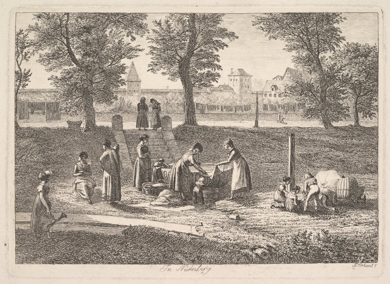 Scène en extérieur représentant des femmes vaquant à leurs tâches ménagères à Nuremberg, - Johann Christoph Erhard