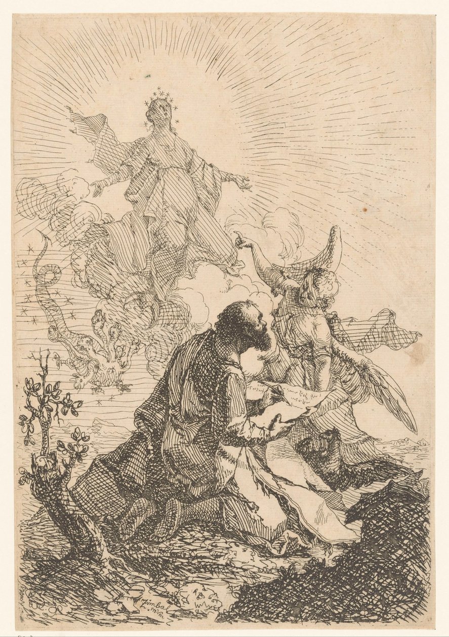 Jean a une vision à Patmos où la Sainte Vierge vainc le dragon à sept têtes - Johann Cimbal