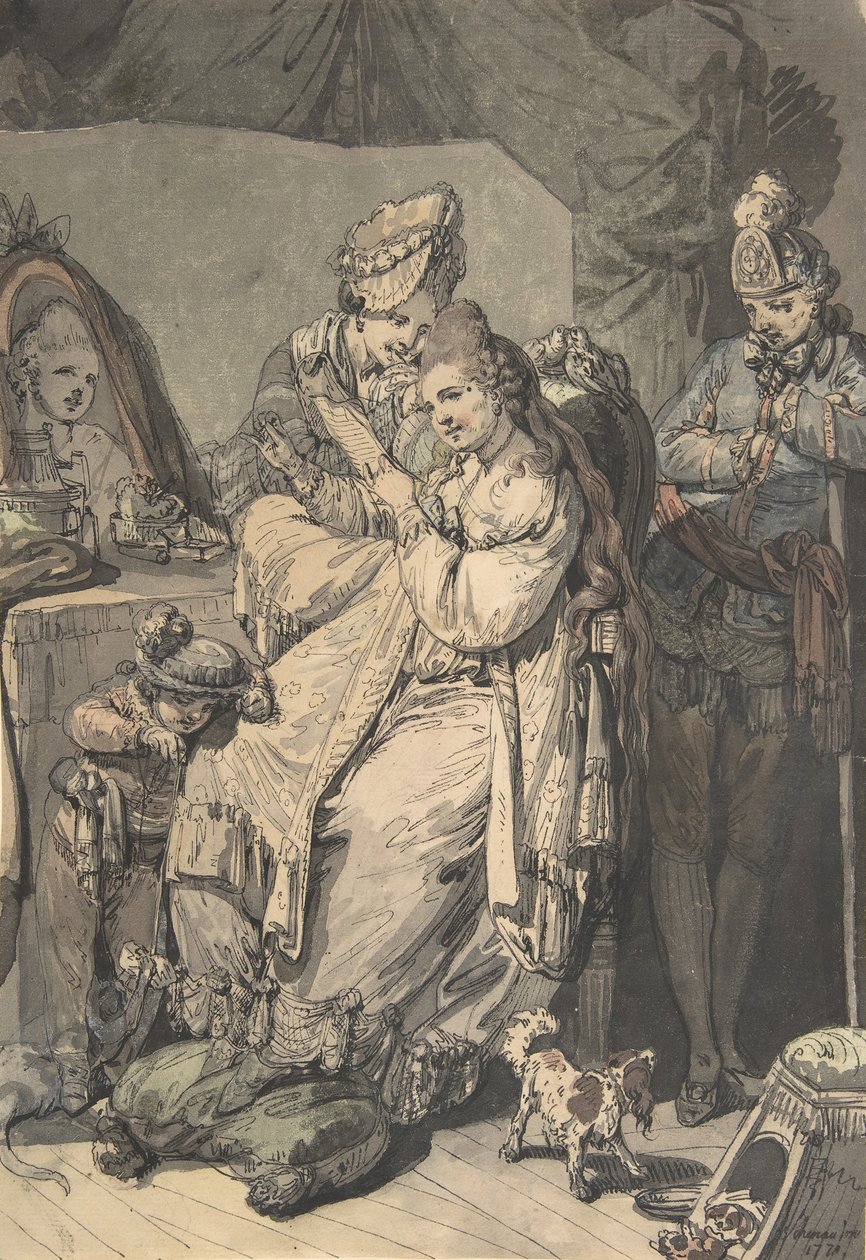 Une femme à sa toilette avec une servante, un garçon, un chien et un jeune soldat, verso : Un croquis, 1770 - Johann Eleazar Schenau