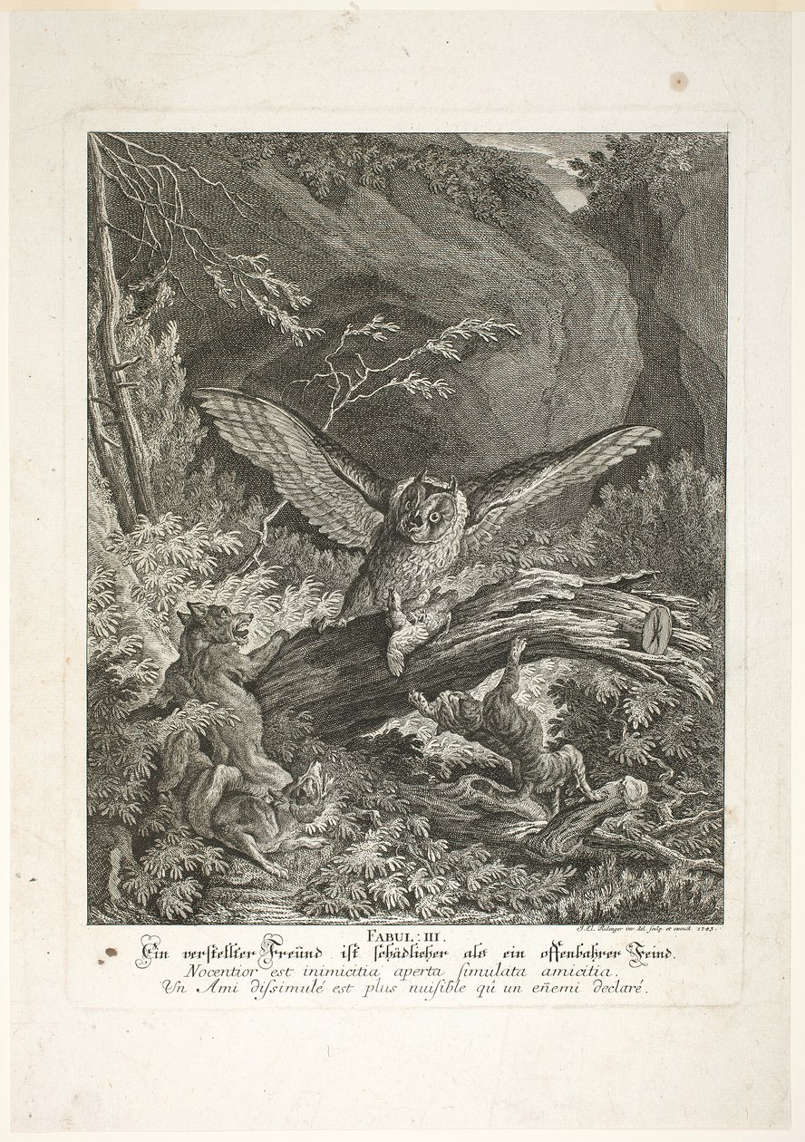 Fable III, planche trois de Lehrreiche Fabeln aus dem Reiche der Theire - Johann Elias Ridinger