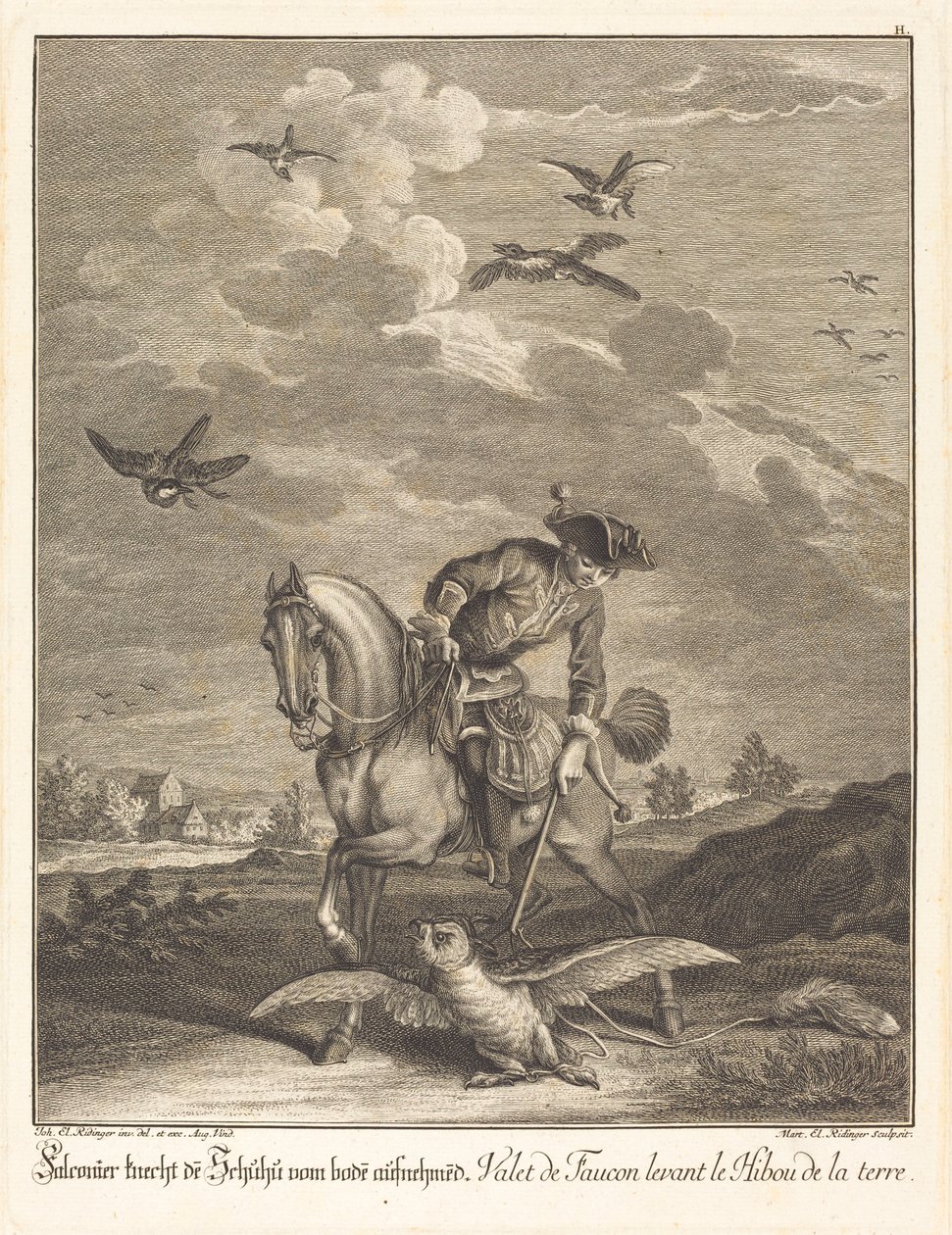 Fauconnier levant une chouette du sol - Johann Elias Ridinger