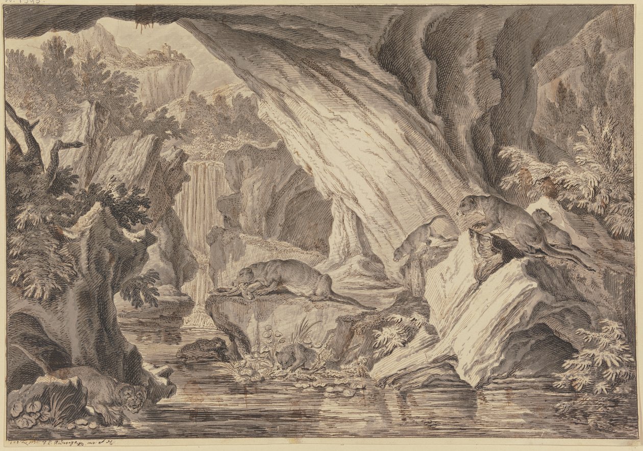 Six loutres dans une grotte rocheuse au bord de l