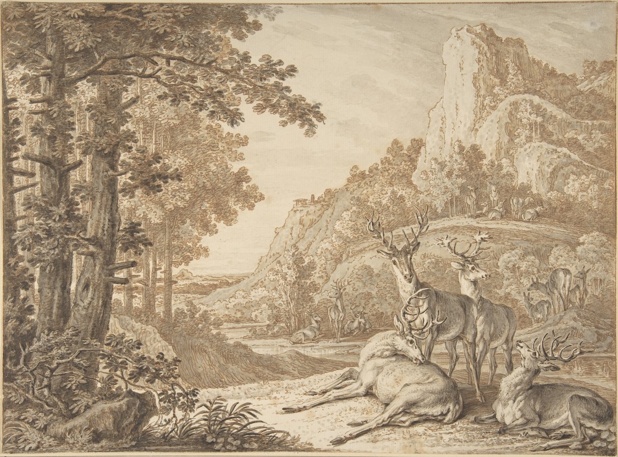 Cerfs dans un paysage - Johann Elias Ridinger