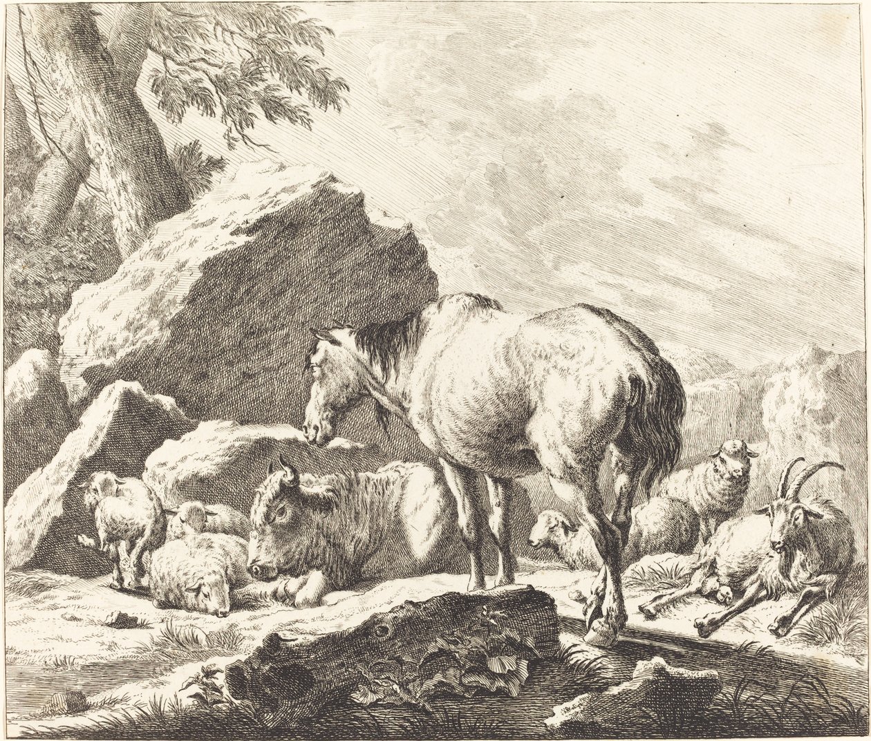 Un cheval, un buffle, des moutons et une chèvre dans un paysage italien - Johann Elias Ridinger after Johann Heinrich Roos