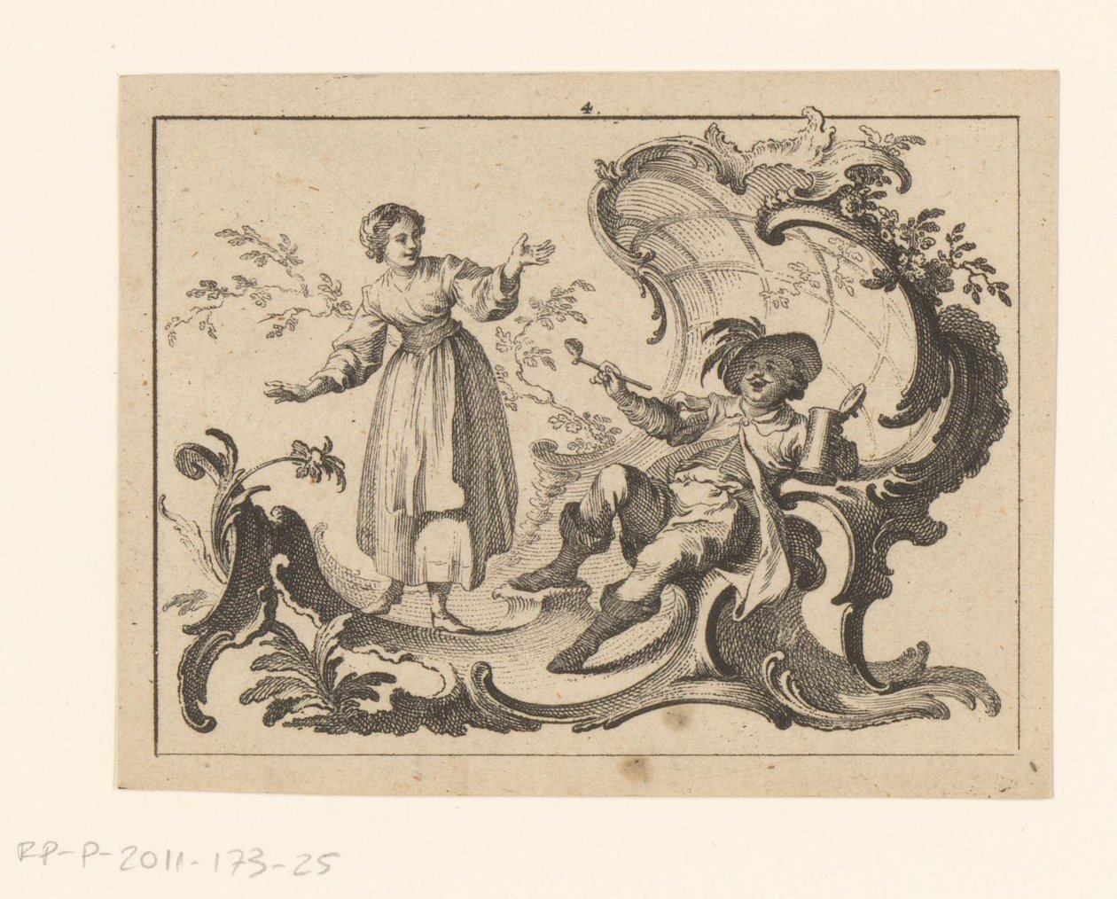 Homme fumant et buvant assis sur un ornement rococo (Fumeurs sur ornement rococo) - Johann Esaias Nilson
