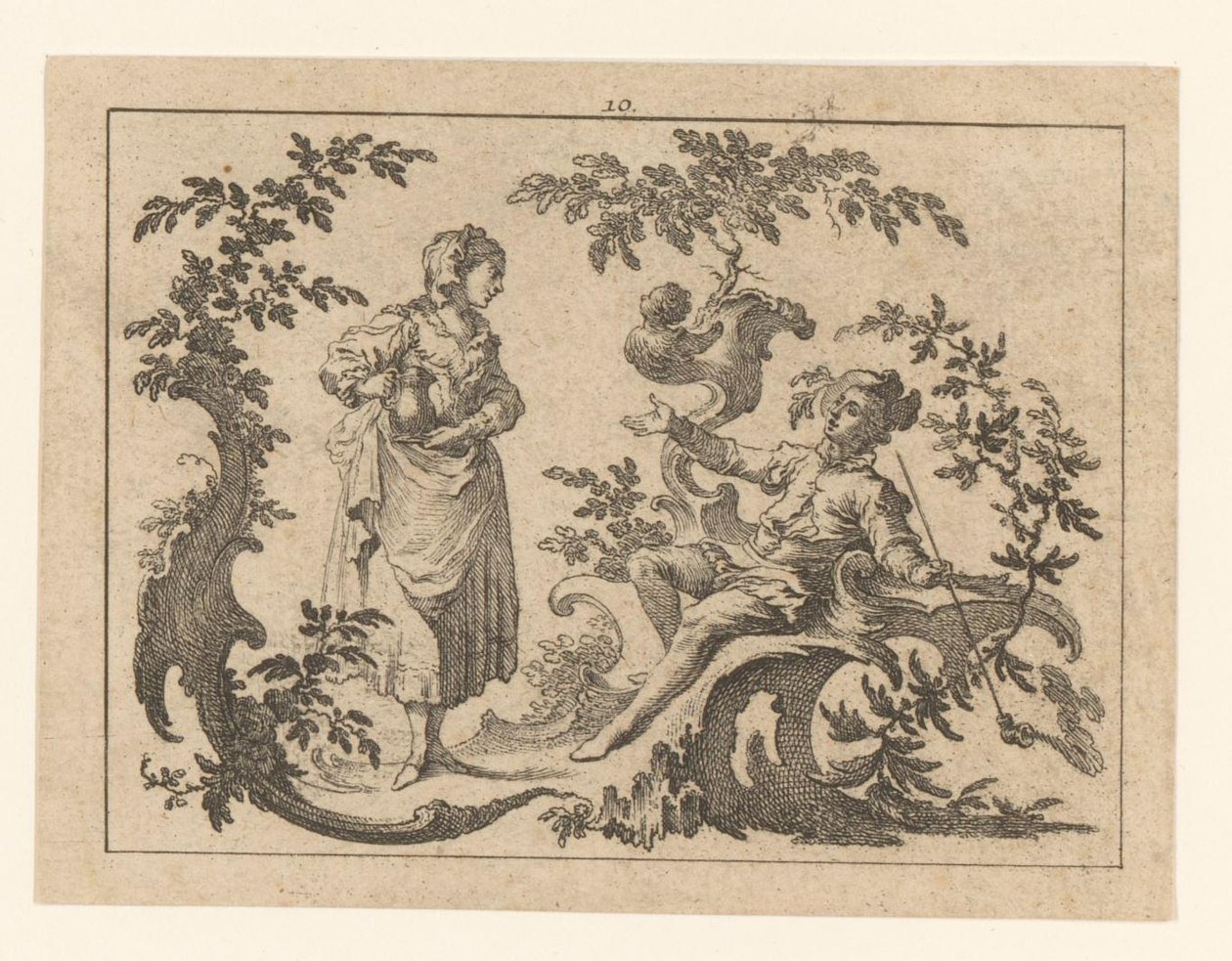 Homme fumant assis, à côté de lui une femme debout avec une cruche sur un ornement rococo (Fumeurs sur ornement rococo) - Johann Esaias Nilson