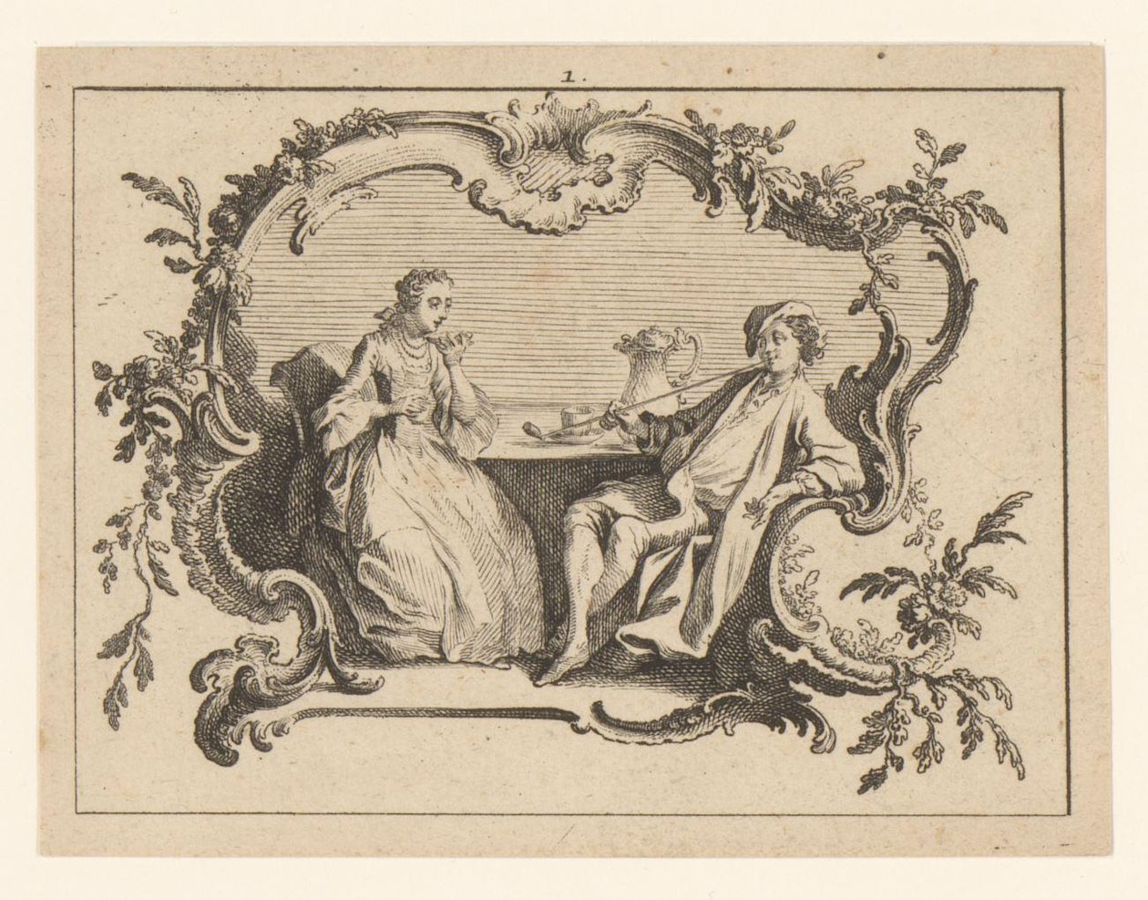 Femme et homme fumant la pipe à une table dans une cartouche - Johann Esaias Nilson