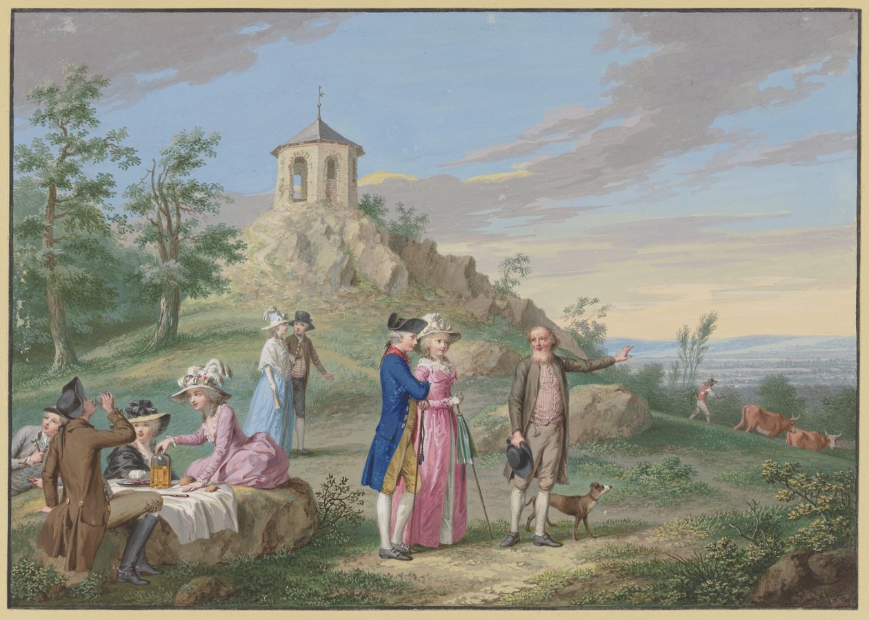 Compagnie de dames et de messieurs campant en plein air au pied d