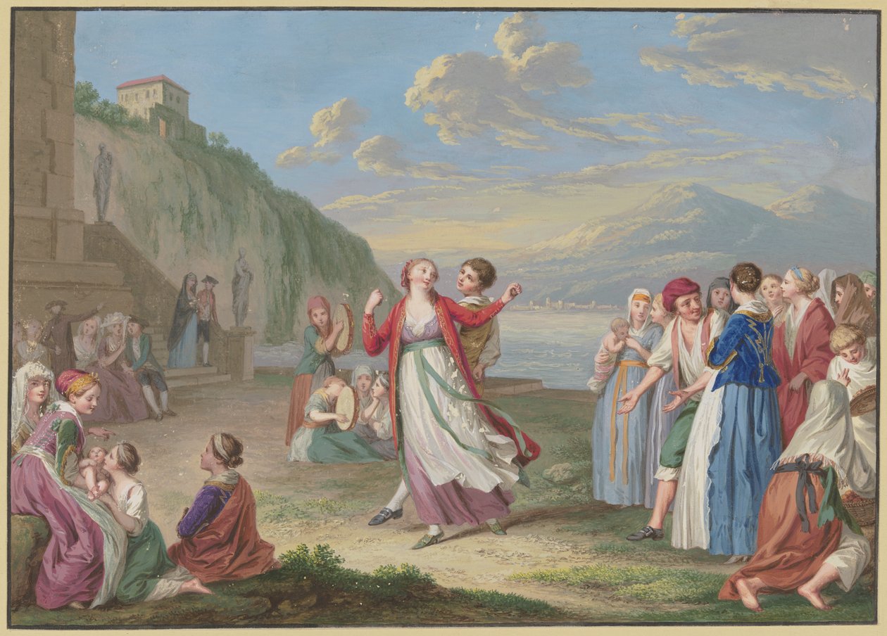 Des paysans italiens se divertissent au bord du lac avec des jeux et des danses, de hautes montagnes à l