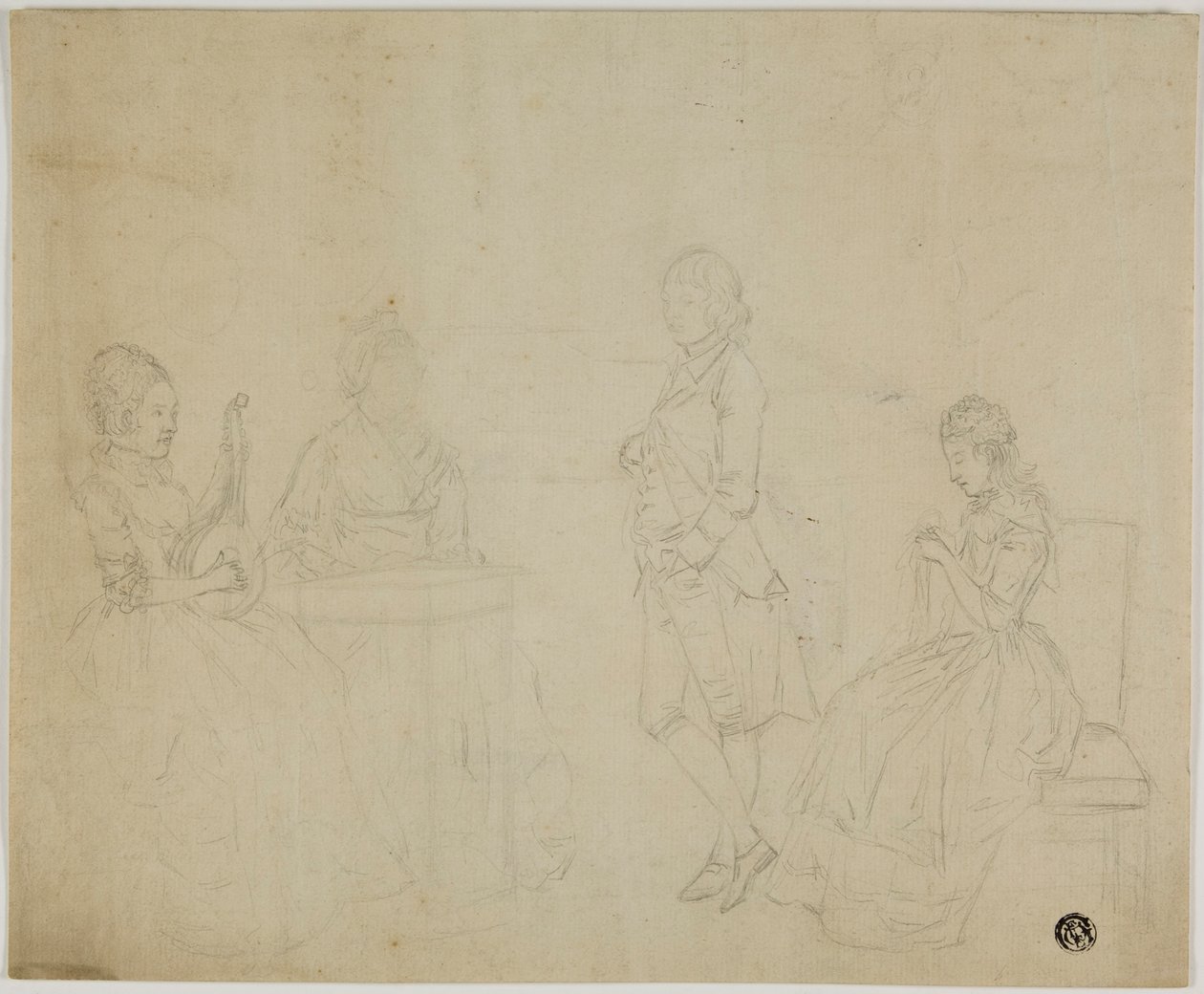 Esquisse de groupe familial avec trois femmes assises et un jeune homme debout - Johann Friedrich August Tischbein