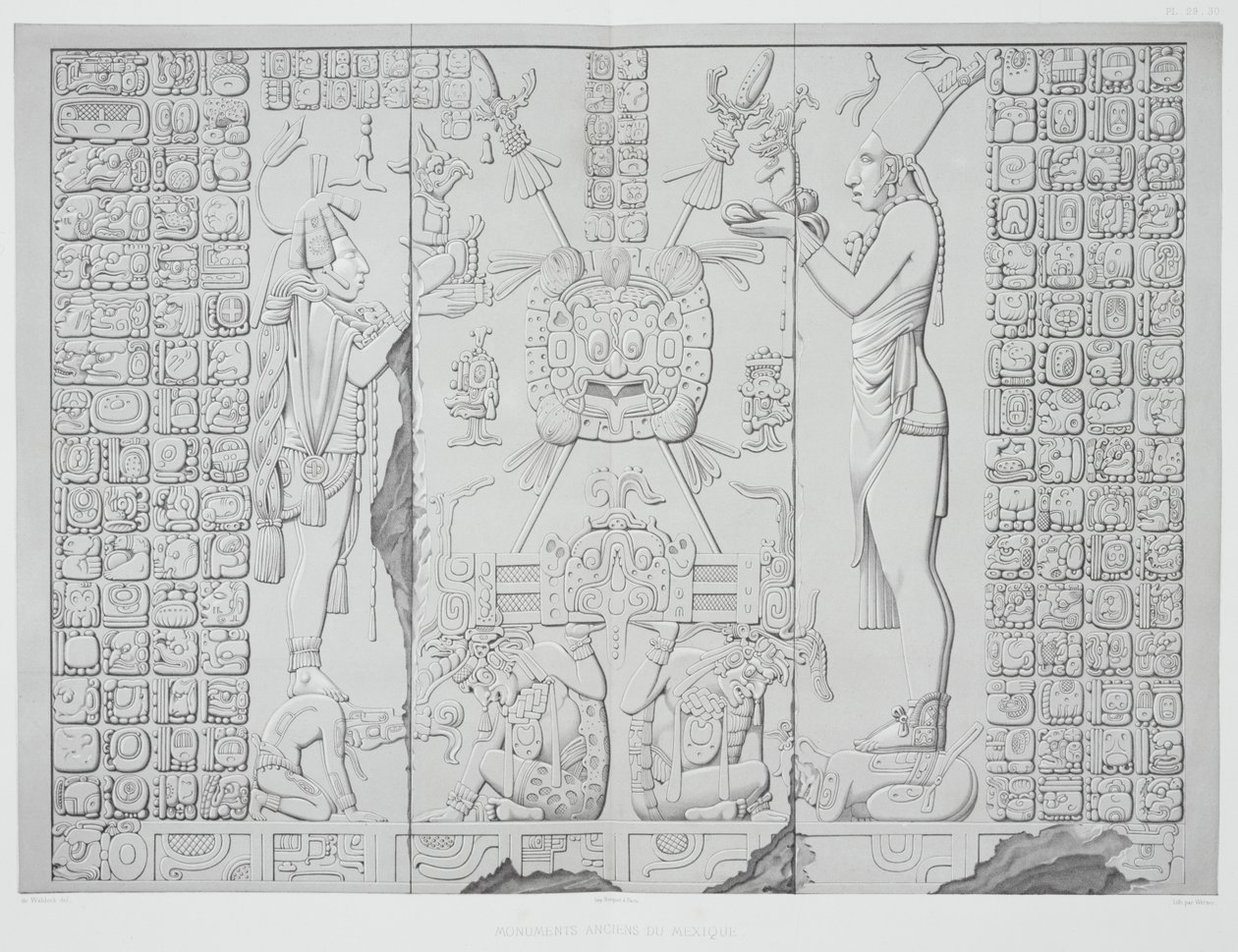 Relief représentant un prêtre avec des offrandes du sanctuaire du Temple du Soleil, Palenque, planches 29 et 30 de Monuments anciens du Mexique, gravé par Werner - Johann Friedrich Maximilian von Waldeck