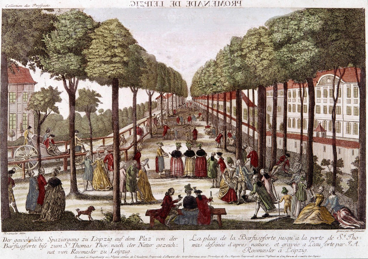 La promenade de Leipzig à la fin du 18ème siècle. Gravure par Rosmesler & Bergmuller. - Johann Georg Bergmuller