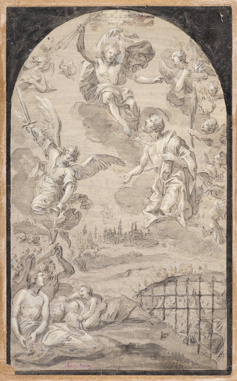 Saint intercédant auprès du Christ pour ne pas lancer la foudre sur la ville d