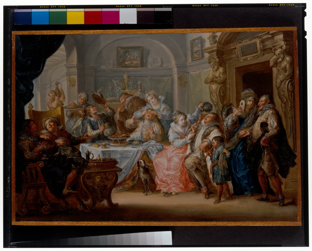 Intérieur avec des figures élégantes en costume de mascarade festoyant - Johann Georg Platzer