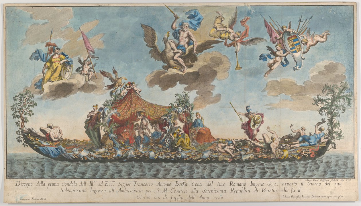 La première gondole très ornée de Francesco Antonio Berka entrant à Venise, Dieux sur cl..., 1700 - Johann Georg Wolfgang