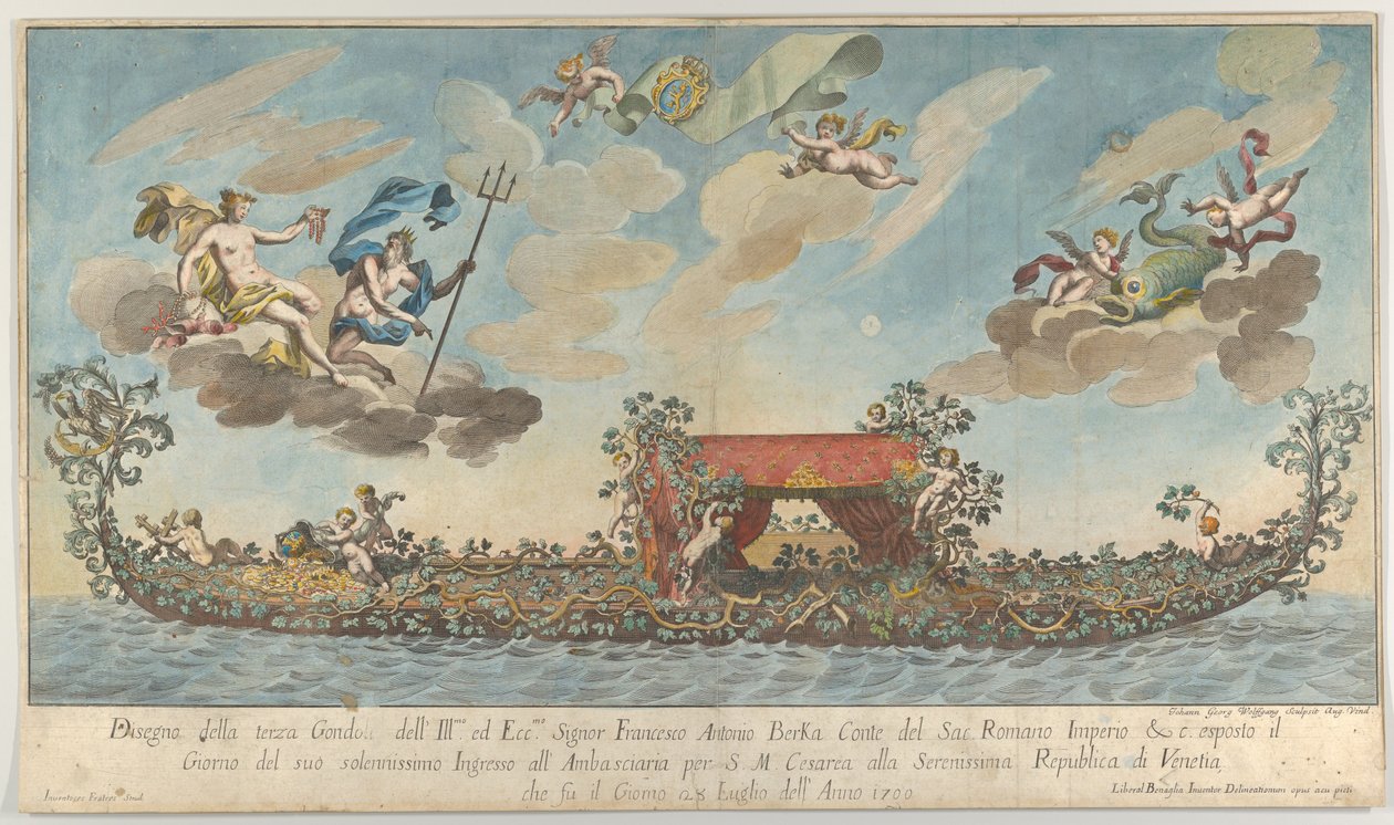 La troisième gondole très ornée de Francesco Antonio Berka entrant à Venise, Dieux sur cl... - Johann Georg Wolfgang