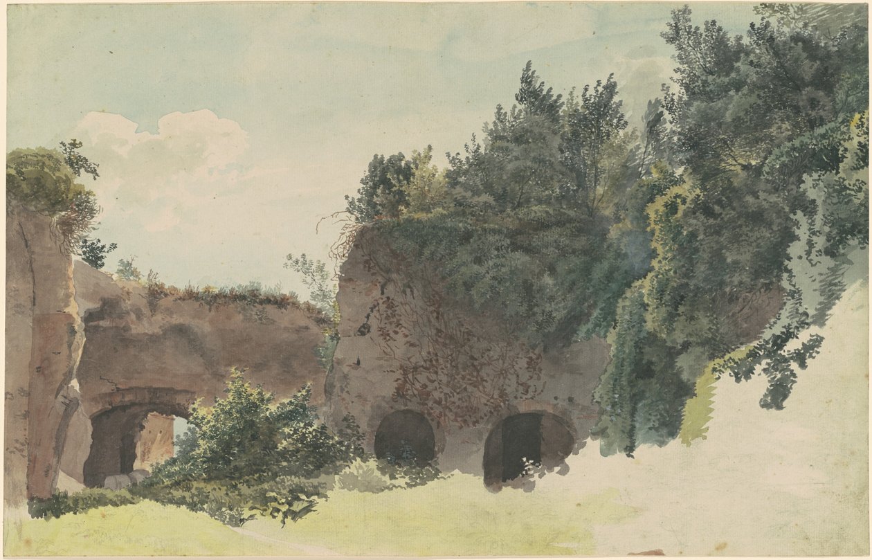 Ruines romaines anciennes envahies par les arbres et les buissons - Johann Gottfried Klinsky