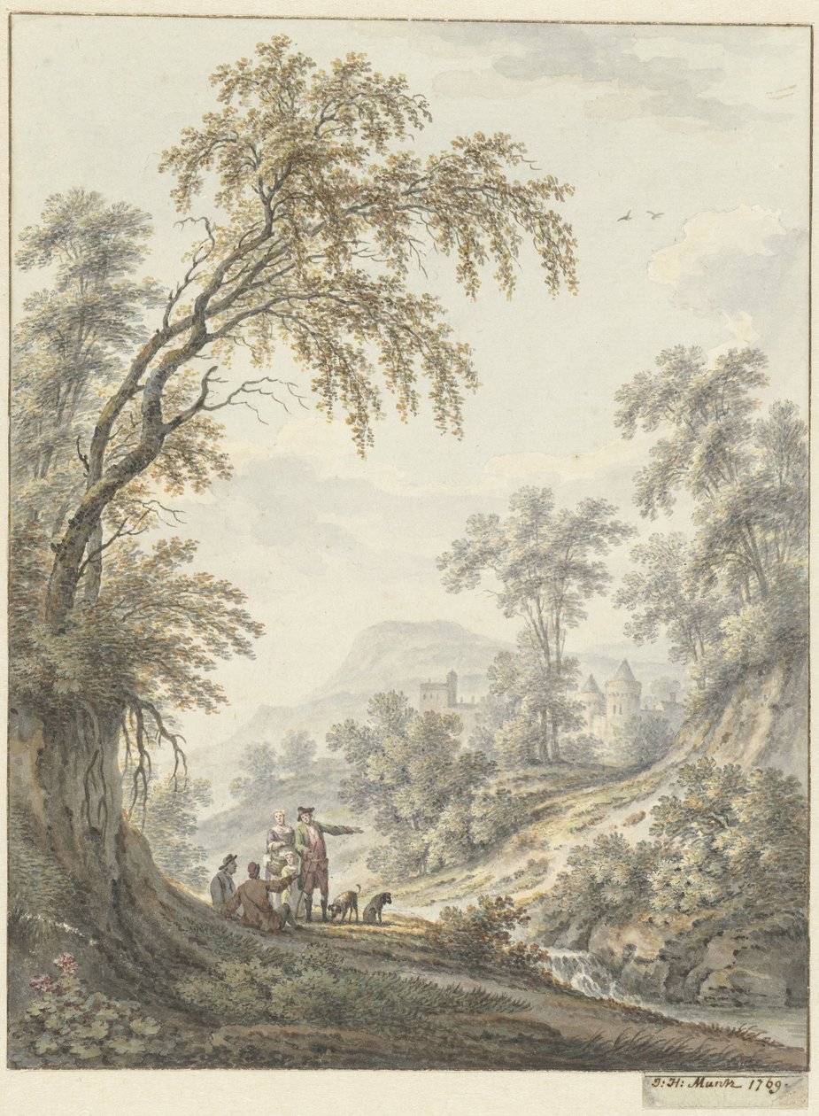 Paysage avec petite cascade et château au loin - Johann Heinrich Muntz