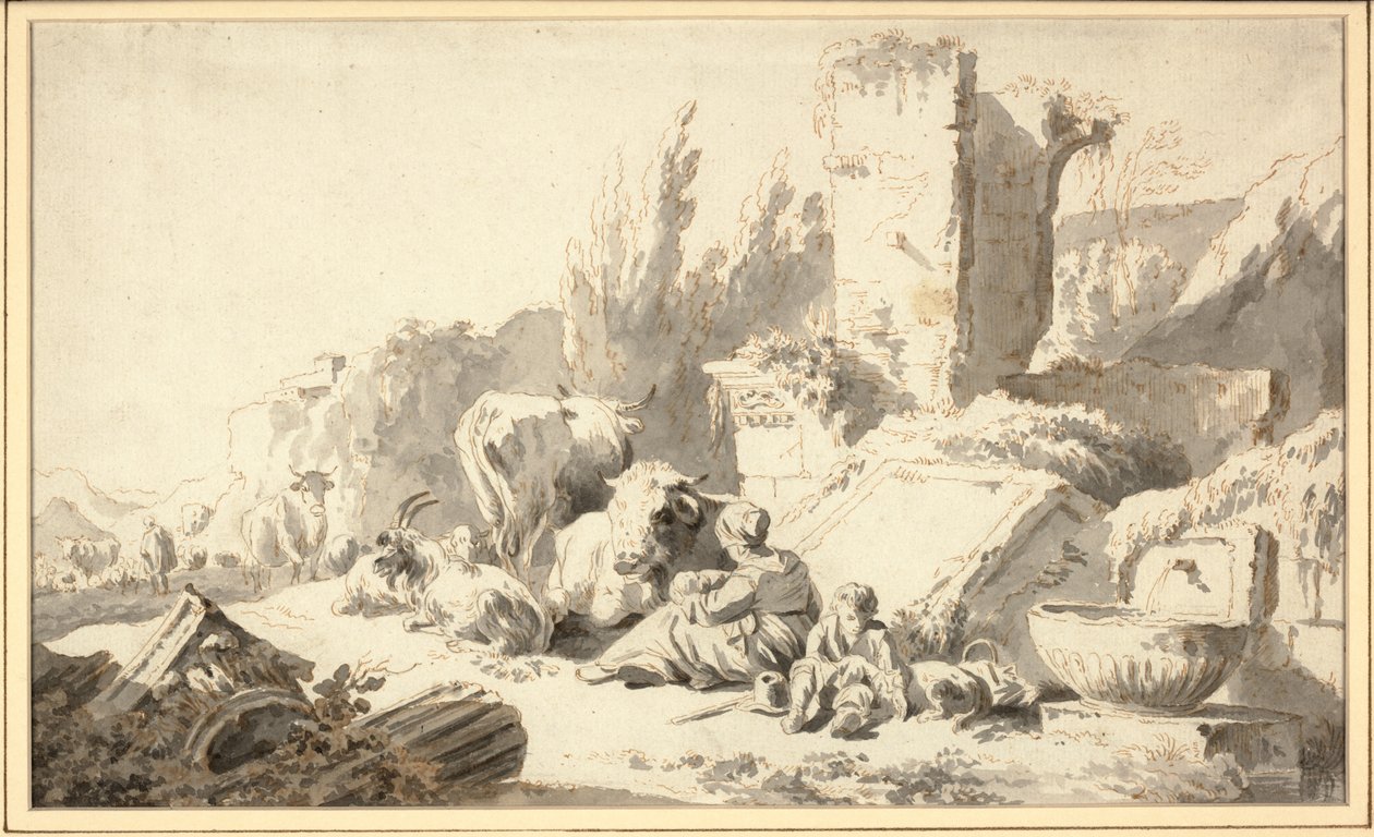 Un conducteur avec sa famille et son bétail près de ruines classiques - Johann Heinrich Roos