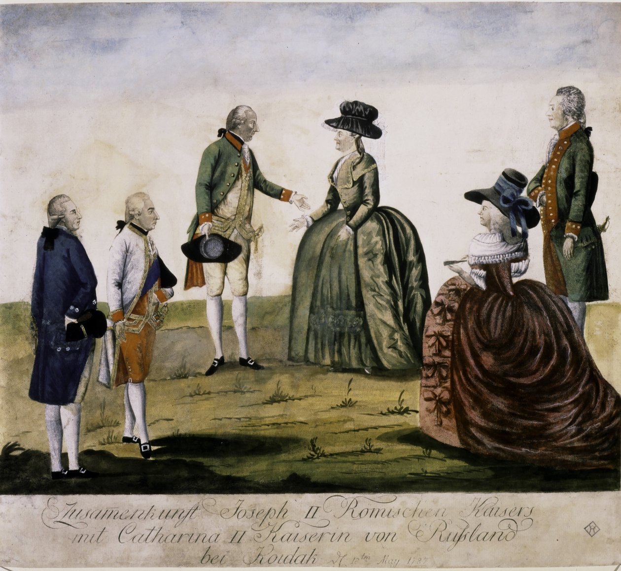 Rencontre de Catherine II et Joseph II sur le Dniepr (gravure en couleur) - Johann Hieronymus Loeschenkohl
