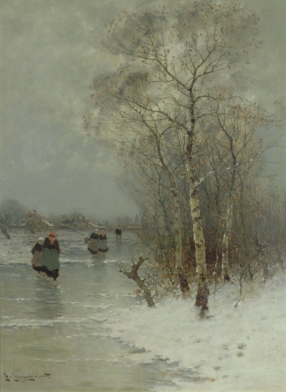 Filles marchant sur une rivière gelée - Johann II Jungblut